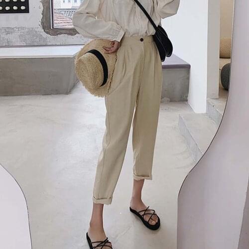 New solid color casual cotton and linen ladies loose trousers fashion high waist white harem pants summer 9758
