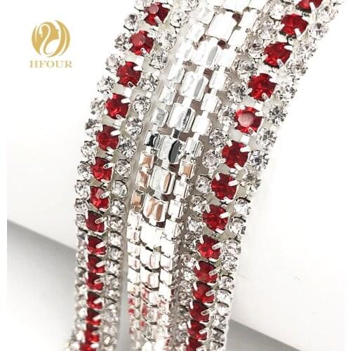 1yard/bag superior quality Crystal glass White-Red-White three rows sliver bottom Rhinestone Chain DIY accessories