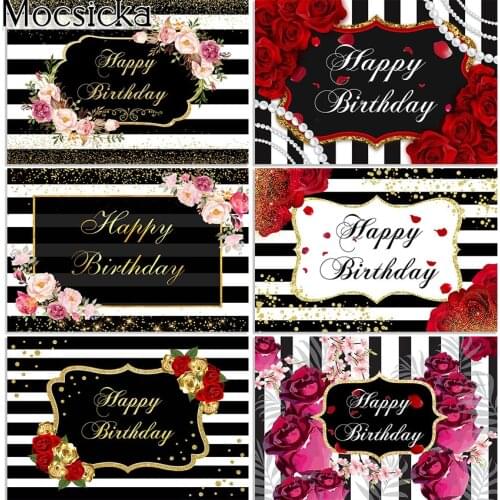 Mocsicka Red Rose Happy Birthday Backdrop for Girl Women Flowers Black and White Stripes Birthday Party Decor Custom Banner