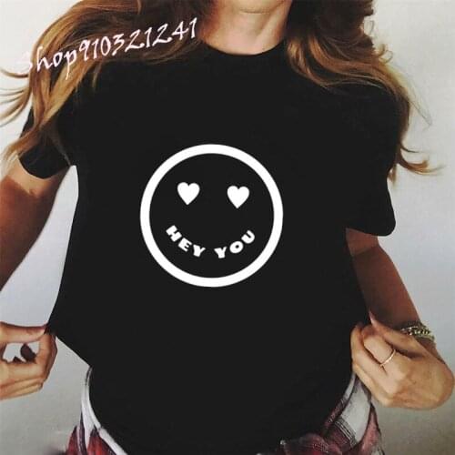 Hey You Printed Cute Harajuku Smiley Face T-shirt Ladies 2021 Fashion Tops Tees Shirt Casual Short Sleeve Graphic Tshirts Women