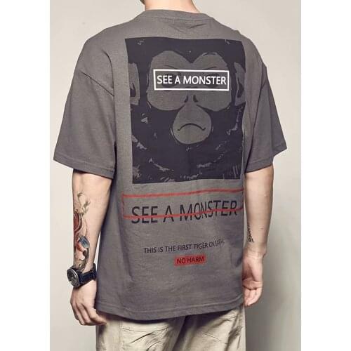 Animal Anime Letter Print 100% Cotton Tops Tees Men Tshirts Japan Style Casual Couple Wear T-shirts Loose Streetwear Pullover