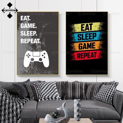 Game Console Picture On Canvas Eat Sleep Game Repeat Letters Wall Painting Black Cool Poster and Print for Teens Room Decoration