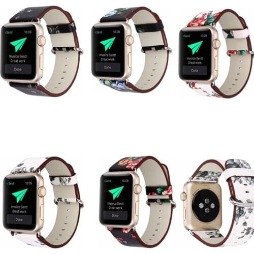 Floral Printed Leather Strap for Apple Watch band series se 42/38mm 40m Flower Wristband Bracelet for iwatch series 1/2/3/4/5/6