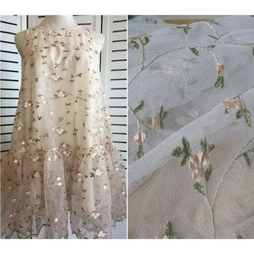 Green/Pink White Mesh Lace Fabric, Vintage Lace Fabric, Retro Embroidered Flowers, Floral Fabric, Lace By The Yard