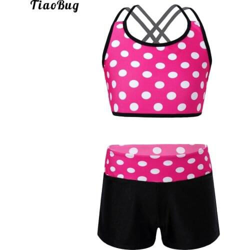 Summer Kids Girls 2Pcs Polka Dots Tankini Tank Top With Bottoms For Swimming Ballet Dance Gym Workout Fitness