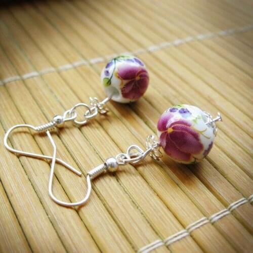 Fashion Cute Girls Chinese Style Ceramics Beads Earrings For Women Flowers Dangle Earings Female Jewelry Party Gift