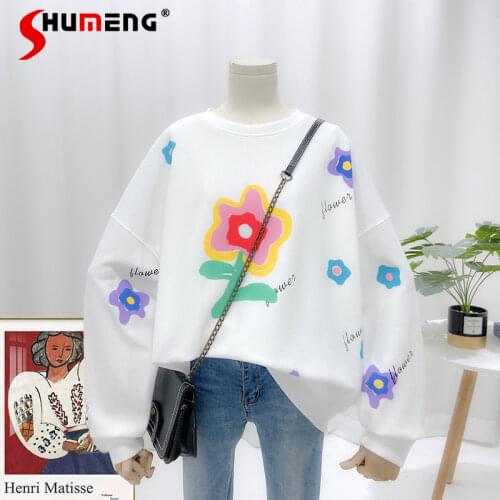 2021 Autumn New Round Neck Loose Long Sleeve Sweatershirt Womens Flower Letter Printed Casual Hoodies for Ladies