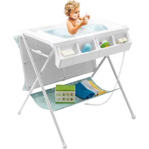 Infant Changing Table and Bathtub, Baby Crib Care Station, Multifunctional Folding Touch Bathing Nursing Organizer