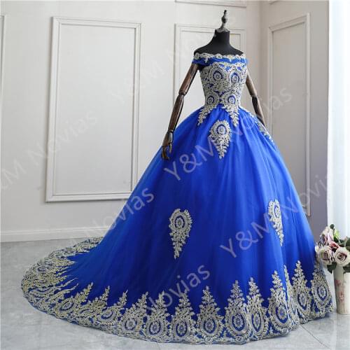 Real Video 8 Layers New Arrival Blue Off The Shoulder Wedding Dress Pluse Size Gold Lace Long Train Appliques Vintage Bride Gown