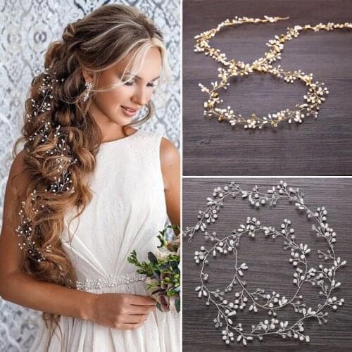 Wedding Hair Vine Bridal Accessories Crystal Pearl Headband Long Chain Headpiece