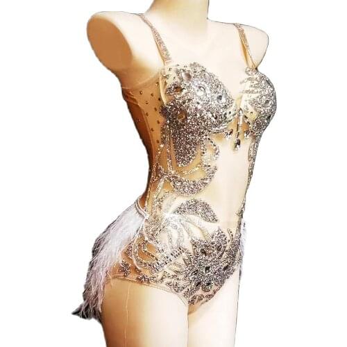 Sparkling Rhinestones Appliques Sling Bodysuit Ladies Feathers Accessories Nightclub Dance Show Wear Party Costume For Women