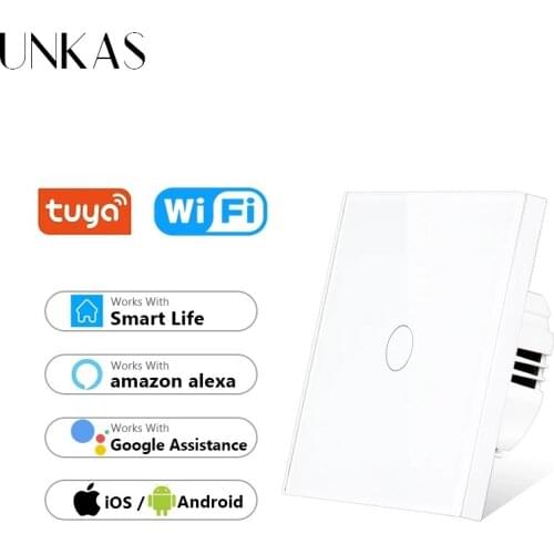 UNKAS 1 / 2 / 3 Gang Crystal Glass Panel EU Standard WIFI Touch Light Switch Tuya Smart Life APP Home Null And Fire Line Outlet