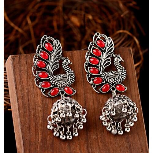 Vintage Turkish Blue Peacock Indian Ladies Earrings Turkish Carved Alloy Dangle Earrings Gypsy Tribal Jewelry