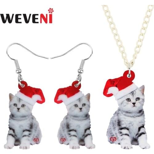 WEVENI Acrylic Christmas Hat Short Hair Cat Kitten Jewelry Sets Necklace Earrings Animal Jewelry For Women Girls Teens Accessory