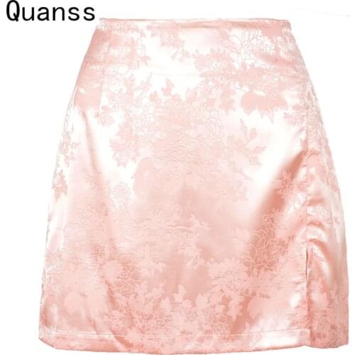 Quanss Floral Satin Side Split Sexy Skirt Women 2021 Summer High Waist Zipper Bodycon Mini Skirts Streetwear Club Thin Jupes