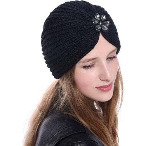 Bohemian Style Winter Woolen HatS Flower Diamond Band Diamond Knitted Caps Women Tubans Keep Warm Hats
