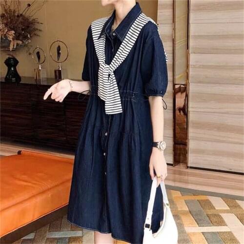Women Summer Korean Style Denim Dress Lady Chic Two Piece High Waist Denim Skirt Girl Sweet Casual Plus Size Turn-Down Collar