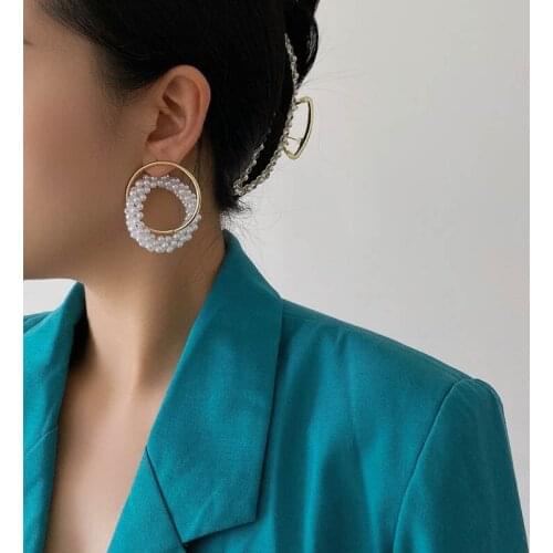 2021 Korean New Goddess Pearl Circle Earrings Female Fashion Trend Geometric Temperament Wild Double Circle Earring for Women