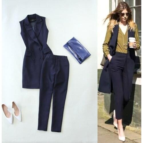 Womens 2 piece set spring and summer new Tibetan blue suit long section OLvest jacket with nine points slim feet pants two sets