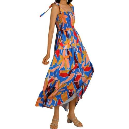 Women Printed Slip Dress Summer Sleeveless Backless Tie Up Boat Neck Maxi Dresses Sexy A-line Dresses 2021 New Hot Streetwear