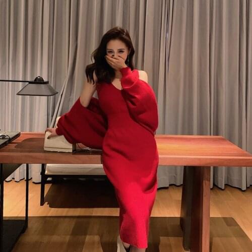 Ladies Solid Midi Dress Suit Autumn Sexy Elegant Knitting Pencil Dress Female Elegant V-Neck High Waist Mid-Calf Fashion Dress