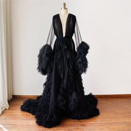 Black Tiered Skirts Boudoir Gown Long Sleeve Wedding Sleepwear Bathrobes Nightgowns Robes Bridal Boudoir Dress Kimono Ruffled