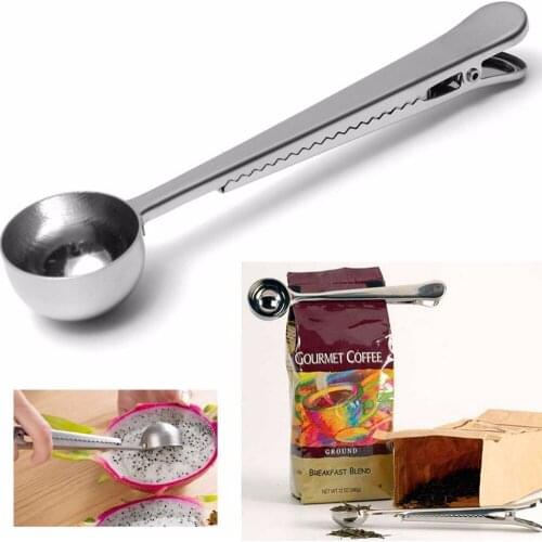 1PC Durable Stainless Steel Spoon With Bag Clip Ground Tea Coffee Scoop With Portable Bag Seal Clip Powder Measuring Tools