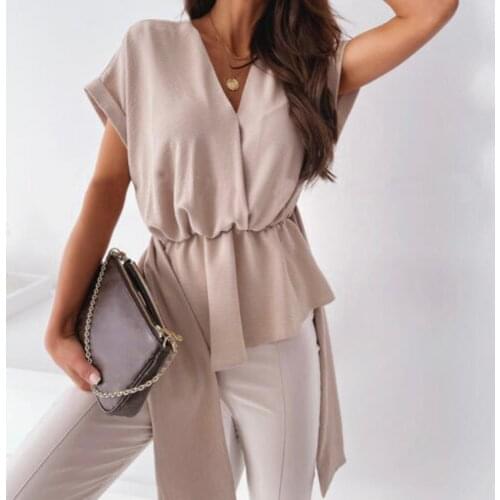 2021 Summer Women Bandage Shirt Casual Short Sleeve Loose Top V Neck Pullover Elegant Office Lady Solid Shirt Blouse Women Blusa