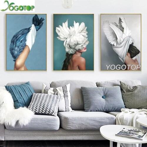 Diy Diamond Painting abstract woman 5D full mosaic diamond Embroidery White blue feather flower fashion wall Art 3pcs/set ML980