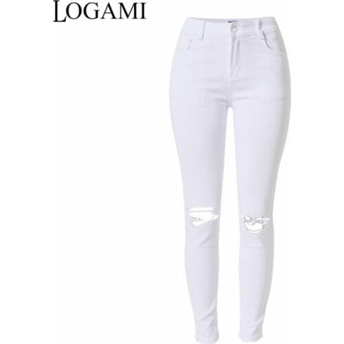LOGAMI White Jeans Women Pencil Ripped Pants Ladies High Waist Denim Skinny Jeans For Women Slim Jeans Trou Genou Pantalon Femme