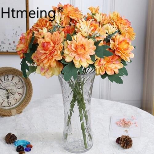 Htmeing Dahlia Artificial Silk Flowers Gerber daisies Chrysanthemum Mum Marigold Flower Bouquet for Wedding Home Decorations