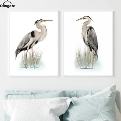 Animal Canvas Painting Nautical Bird Prints Vintage Grey Heron Bird Drawing Poster Wall Art Pictures for Living Room Home Decor
