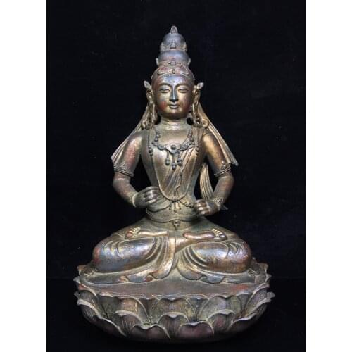 16"Chinese temple collection Old purple Bronze Cinnabar Lacquer Tara Guanyin Bodhisattva Crown Standing Buddha Ornaments
