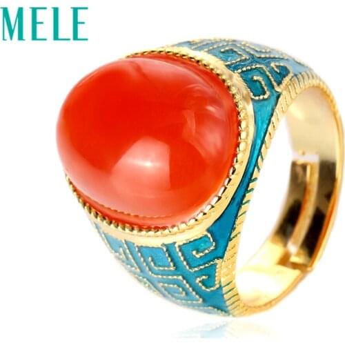 MELE natural south red agate 925 sterling silver ring, big oval 13mm*18mm, deep red color ,fashion and trendy Enamel craft ring