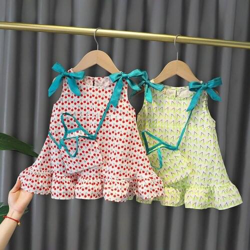 Baby Girls Summer Cherry Slip Dress Toddler Girl Korean Fashion Bow Dress 2-3-4 Year Old Princess Skirt with Little Bag