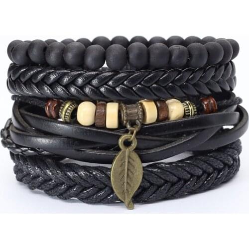 Trust In God Faith Black Guitar Leaf Beads Wristband Leather Bracelets Set Men Bracelets Women Homme Fashion Jewelry Accessories