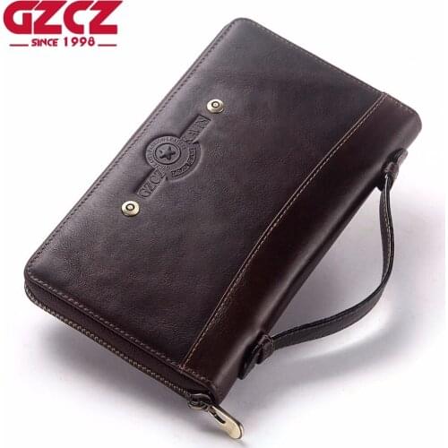 GZCZ New Male Clutch Vintage Genuine Leather Mens Wallet High Quality Zipper Purse Clamp For Money Cell Phone Pocket Money Bag