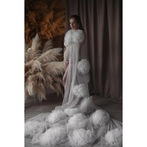 Modern 2021 White 3D Flower Long Tulle Maternity Cape Pregnancy Women Shawl For Photoshoot See Thru Mesh Wraps Clothing Outfit