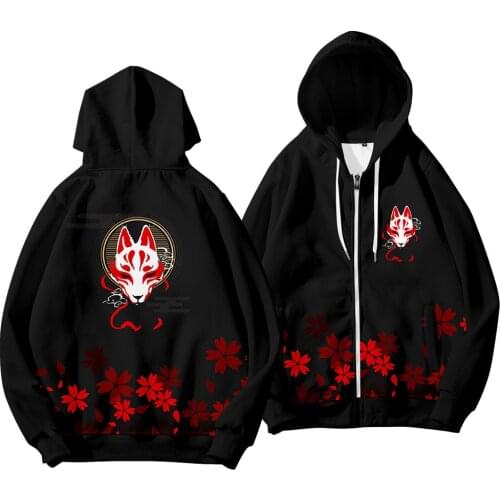 Streetwear Fashion Hoodies Jacket Coat Men Black Fox Print Sweatshirts Long Sleeve Zipper Hoody Outwear