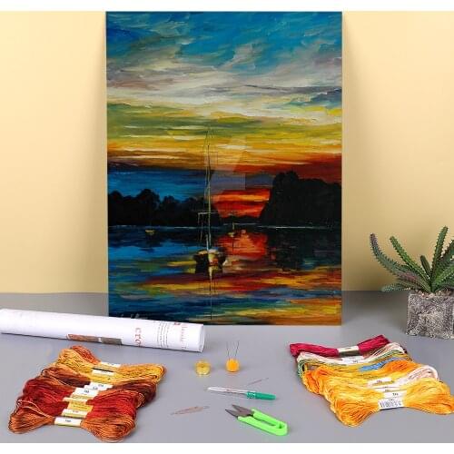 Drowned Sunset Printed Water-Soluble Canvas 11CT Cross Stitch Set DIY Embroidery DMC Threads Handicraft Hobby Needle