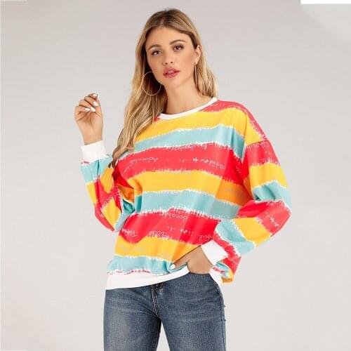 Womens Casual Style Drop Shoulder Long Sweatshirt Pullovers Rainbow Sweatshirt for Women Striped Streetwear Kpop Fashion