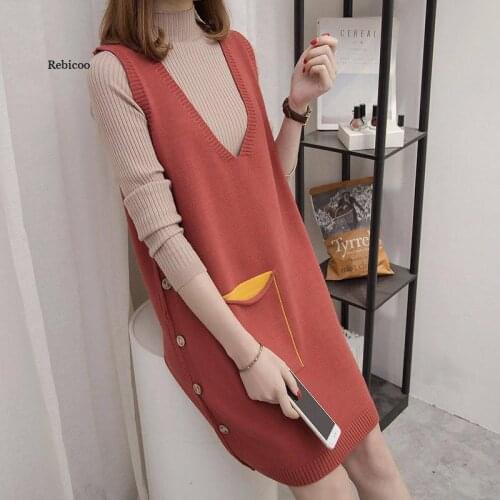 Spring Autumn Sleeveless Sweater Dress Women V Neck Side Buttons Pockets Sweater Vest Dress Female Pullover Loose Korean