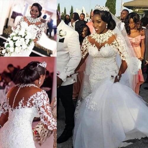 Plus Size African Mermaid Wedding Dresses 2021 Illusion Long Sleeve Lace Applique High Neck Wedding Gown Vestidos De Novia