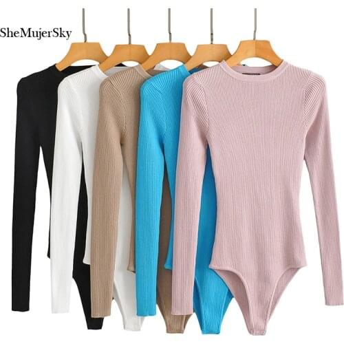 SheMujerSky Women Knitted Solid Color Bodysuit Elastic Slim Long Sleeve O-neck Jumpsuit 2021 Spring Autumn Bodysuits