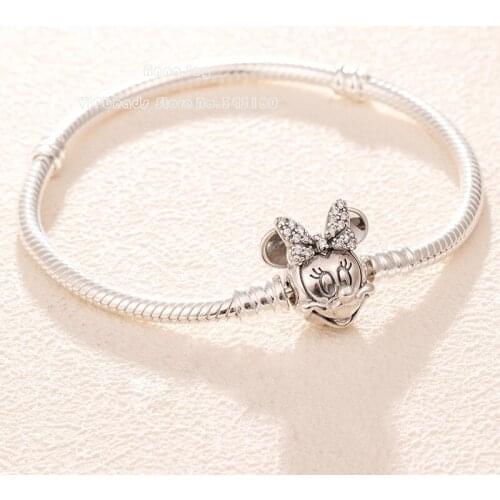 2019 Valentine Sterling Silver Shimmering Minnie Portrait with Clear CZ Snake Chain Bracelet Fit Women Charm Bangle DIY Jewelry