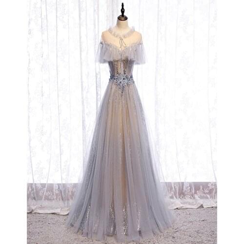 A-line Tulle With Appliques Beads Evening Dress Elegant Robe de Soiree O-Neck Evening Dresses Long Dress 2020 Vestido De Festa