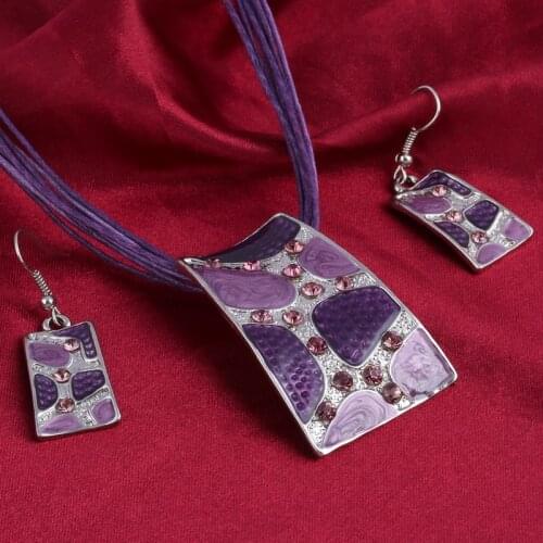 Purple Geometric Pendant Necklace Earring Sets Multilayer Wax Rope Choker Necklace Enamel Metal Crystal Wedding Jewelry Set