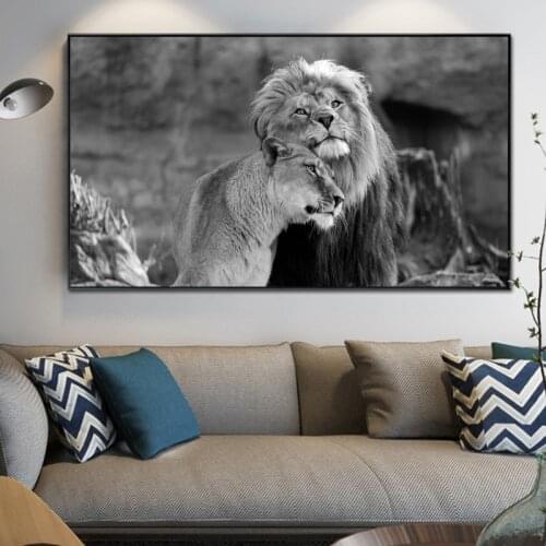 Black and White Two Lions Modern Animal Poster and Print Canvas Painting Wall Pictures for Living Room Interior Home Decoration