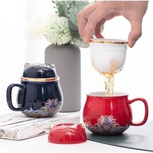 Ceramic Maneki Neko Office Tea Separation Cup with Lid Filter Portable Cute Cat and Mouse Coffee Cup with Bag for Travel Gift