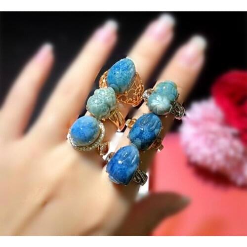 S925 sterling silver inlaid with rare natural coral jade carving cute rabbit ring fashionable atmosphere high-grade natural gems